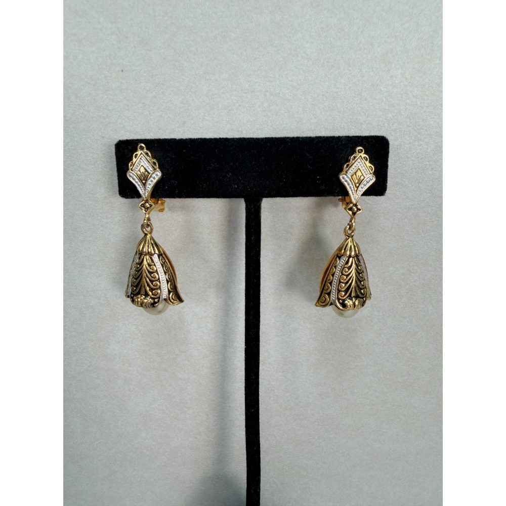 Vintage Damascene Toledo Spain Gold Tone Faux Pearl Dangle Clip Earrings